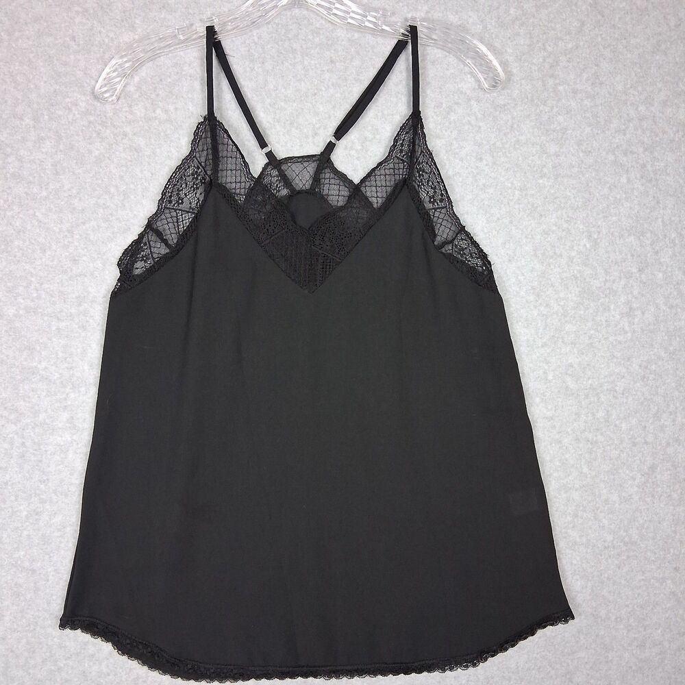 Women Black Satin Lace Cami Medium Adjustable Straps Witchy Goth Dark Fairy Sexy